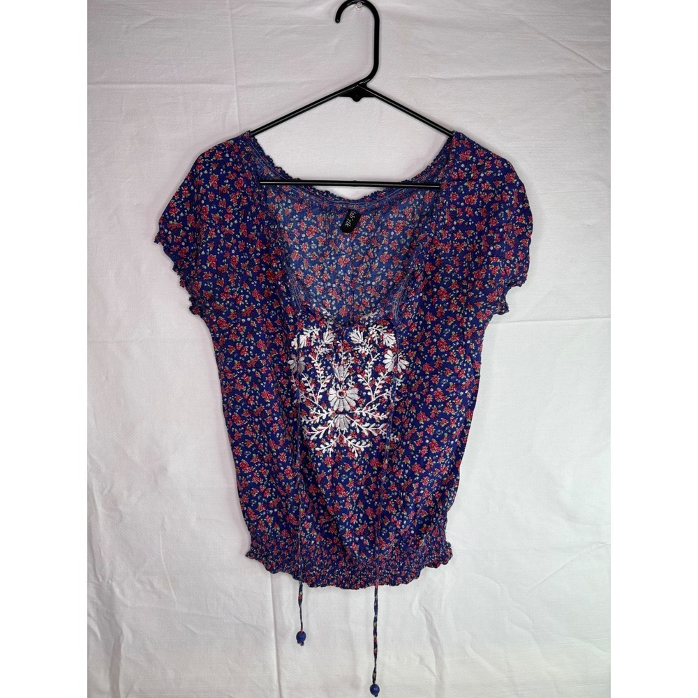 Fab'rik Blue Floral Embroidered Peasant Blouse Smocked Hem IT4273 Medium